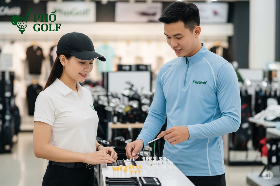 Dịch vụ Sản Xuất Tee Golf, In Logo Theo Yêu Cầu PhốGolf cung cấp đa dạng sản phẩm chất lượng cao, từ gậy, bóng đến thời trang và phụ kiện golf
