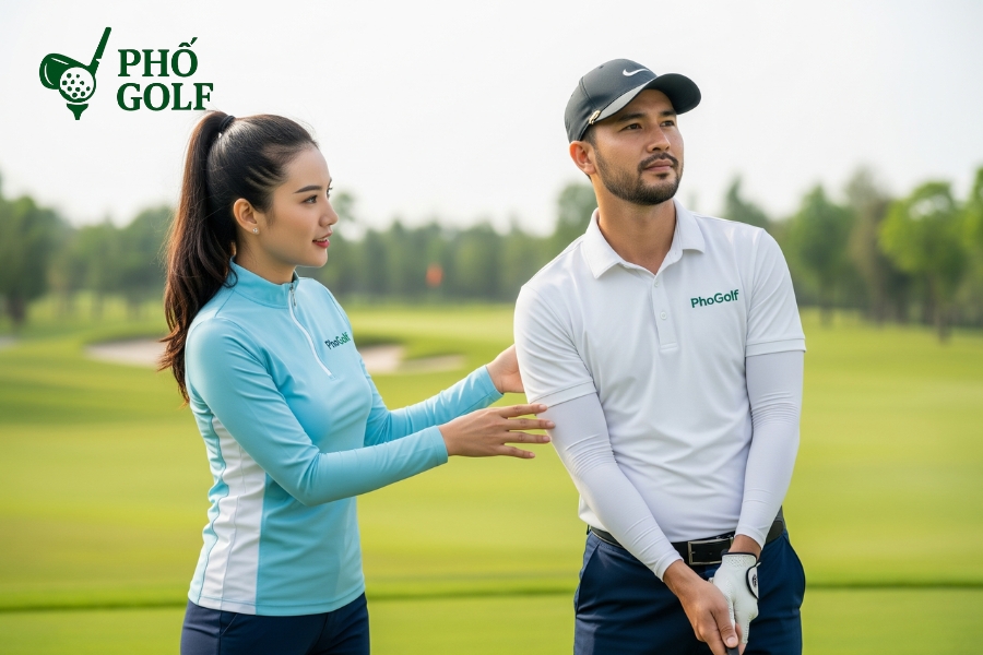 Tốc độ green là gì, bí quyết chinh phục mọi sân golf? Golfer cúi xuống quan sát bề mặt green trước khi putt để đánh giá tốc độ sân