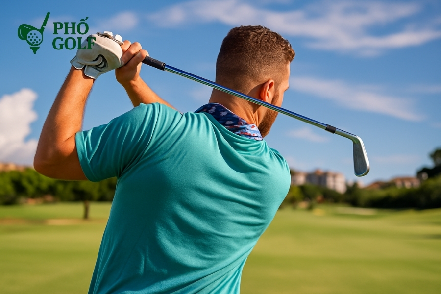 Hướng dẫn kỹ thuật swing golf chuẩn cho người mới Golfer giữ gậy ở đỉnh swing, vai trái xoay hoàn toàn và lưng hướng về mục tiêu