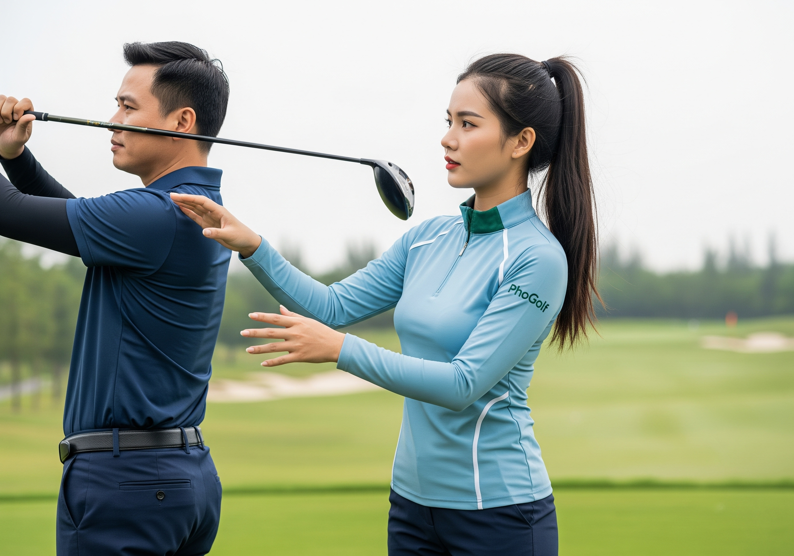 Top 2 sân golf Long An nổi tiếng và bảng giá 2025 Khách hàng thử độ cân bằng của gậy golf PhốGolf